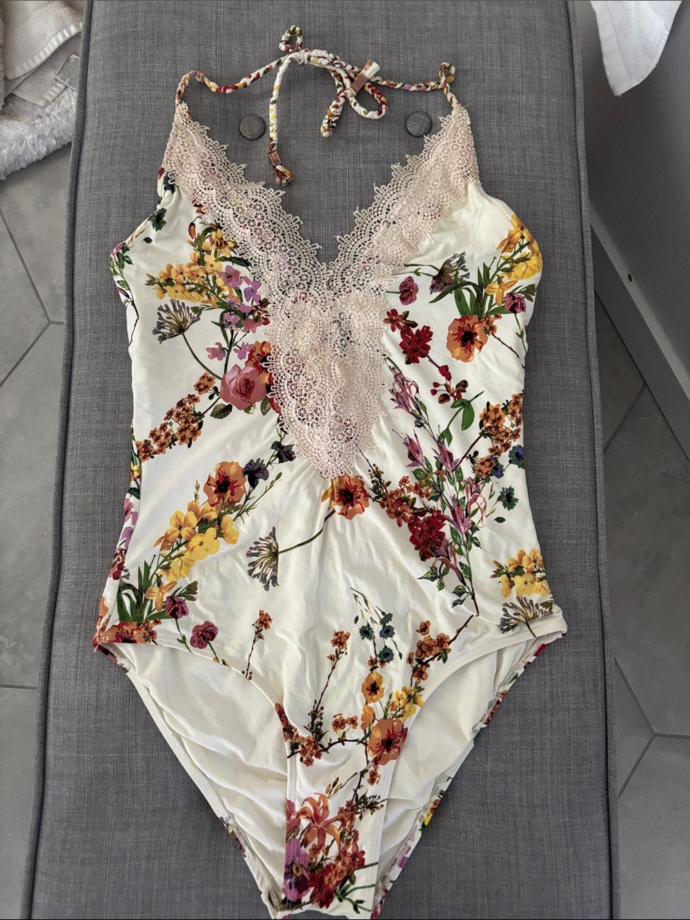Floral Lace-Trim One-Piece Swimsuit in Cream